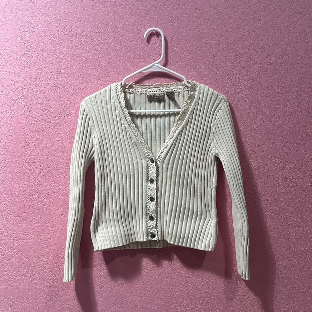 i.e. Petite Relaxed lace collar 100% Cotton cream cardigan Size PM NC0235